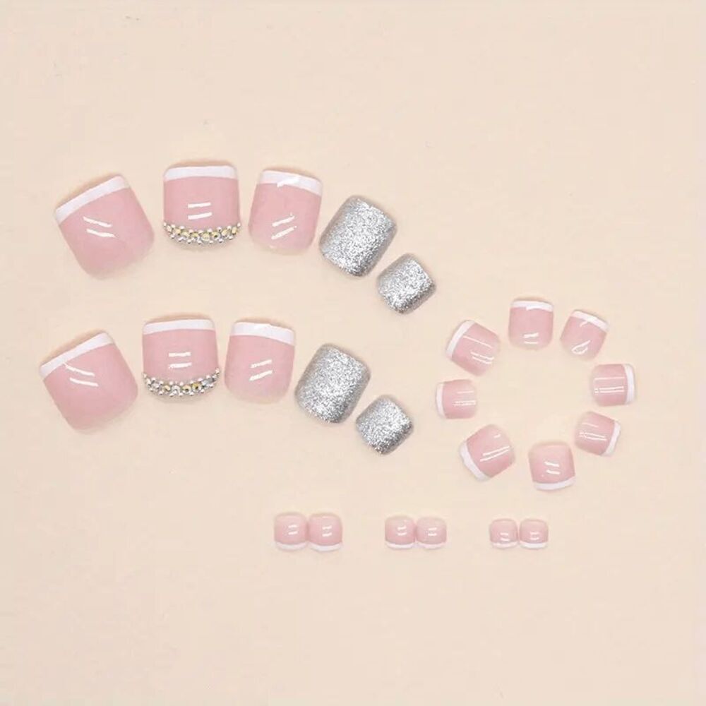 French Manicure Diamond Press On Toenails - Picture 3 of 4